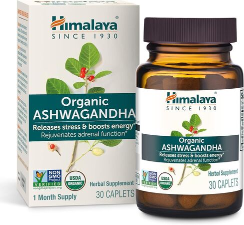 Himalaya Organic Ashwagandha, 60 Day Supply, Herbal Supplement for Stress Relief, Energy Support, Occasional Sleeplessness, USDA Certified Organic, Non-GMO, Vegan, Gluten Free, 670 mg, 60 Caplets in Kuwait