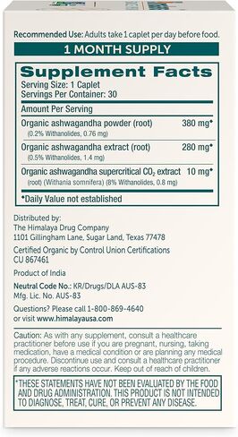 Himalaya Organic Ashwagandha, 60 Day Supply, Herbal Supplement for Stress Relief, Energy Support, Occasional Sleeplessness, USDA Certified Organic, Non-GMO, Vegan, Gluten Free, 670 mg, 60 Caplets in Kuwait