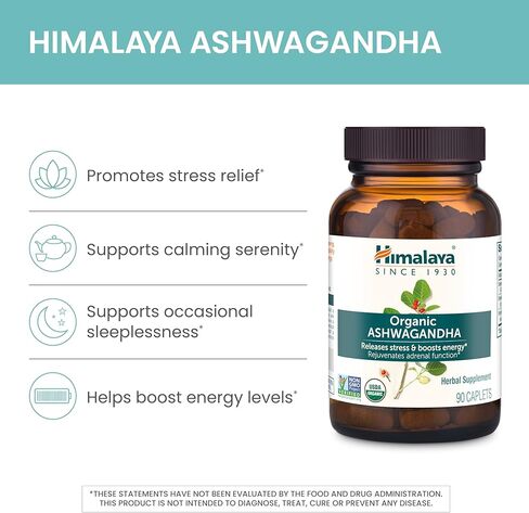 Himalaya Organic Ashwagandha, 60 Day Supply, Herbal Supplement for Stress Relief, Energy Support, Occasional Sleeplessness, USDA Certified Organic, Non-GMO, Vegan, Gluten Free, 670 mg, 60 Caplets in Kuwait
