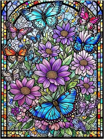 Stained Glass Diamond Painting Kit: Vibrant Flowers & Butterflies, 5D Full Drill DIY Diamond Art for Adults, Stress Relief Craft, Stunning Wall Decor Gift Idea (12x16 Inch) in Saudi Arabia