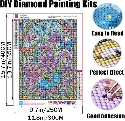 Stained Glass Diamond Painting Kit: Vibrant Flowers & Butterflies, 5D Full Drill DIY Diamond Art for Adults, Stress Relief Craft, Stunning Wall Decor Gift Idea (12x16 Inch) in Saudi Arabia