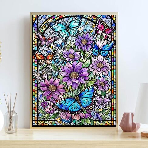 Stained Glass Diamond Painting Kit: Vibrant Flowers & Butterflies, 5D Full Drill DIY Diamond Art for Adults, Stress Relief Craft, Stunning Wall Decor Gift Idea (12x16 Inch) in Saudi Arabia