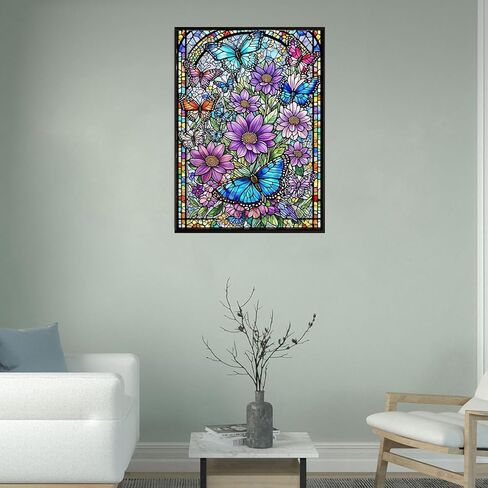 Stained Glass Diamond Painting Kit: Vibrant Flowers & Butterflies, 5D Full Drill DIY Diamond Art for Adults, Stress Relief Craft, Stunning Wall Decor Gift Idea (12x16 Inch) in Saudi Arabia