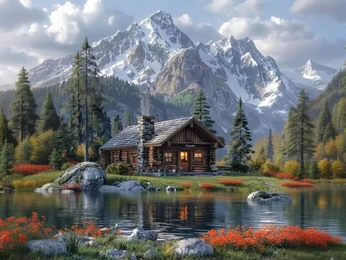 shouruihua الماس الفن عدة المشهد الجبلي، مجموعات الرسم الماس للبالغين جبال المقصورة المياه، DIY كامل جولة الحفر الماس النقاط مع الغابات المناظر الطبيعية جوهرة الفنون لديكور جدار المنزل 16x12 بوصة in Kuwait