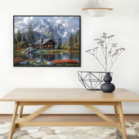 shouruihua الماس الفن عدة المشهد الجبلي، مجموعات الرسم الماس للبالغين جبال المقصورة المياه، DIY كامل جولة الحفر الماس النقاط مع الغابات المناظر الطبيعية جوهرة الفنون لديكور جدار المنزل 16x12 بوصة in Kuwait