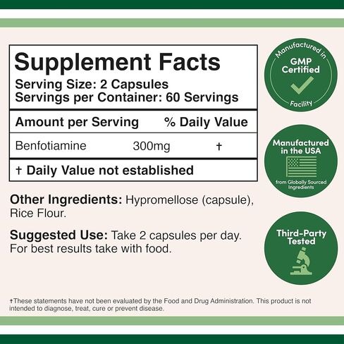 Benfotiamine 300mg Servings (Third Party Tested, 120 Capsules, 150mg Per Cap) Manufactured in The USA, to Boost Thiamine B1 Levels (More Absorbable Than Thiamine, Fat Soluble) by Double Wood in Saudi Arabia