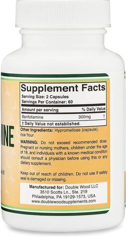 Benfotiamine 300mg Servings (Third Party Tested, 120 Capsules, 150mg Per Cap) Manufactured in The USA, to Boost Thiamine B1 Levels (More Absorbable Than Thiamine, Fat Soluble) by Double Wood in Saudi Arabia