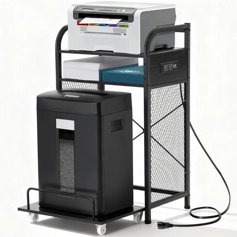 3-Tier Printer Stand with Pull out Shelf for Shredder,20" L x 14" W x 34" H Floor-Standing Desk Side Shredder Stand,Printer Stand with Storage and Power Outlet,Office Storage Shelf Rack for Fax in Saudi Arabia