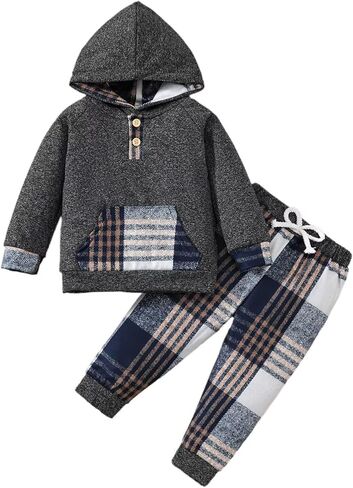 1 Year Old Boy Clothes Fall Winter Baby Boy Clothes Outfits Plaid Button Long Sleeve Hoodie Sweatshirt Pants Sets, Baby Boy Outfit Red Plaid 12-18 Months in Kuwait