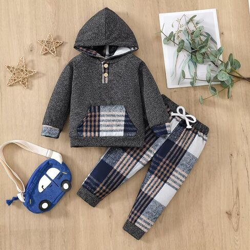 1 Year Old Boy Clothes Fall Winter Baby Boy Clothes Outfits Plaid Button Long Sleeve Hoodie Sweatshirt Pants Sets, Baby Boy Outfit Red Plaid 12-18 Months in Kuwait