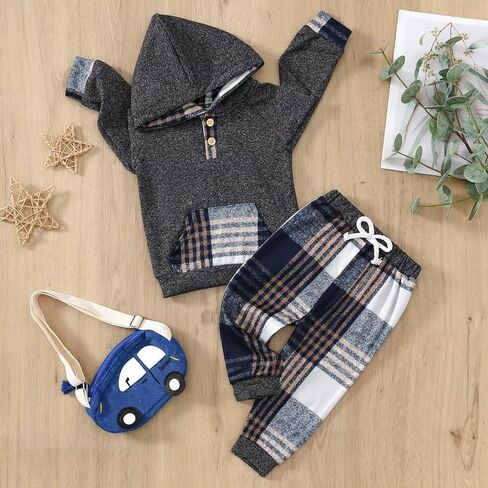 1 Year Old Boy Clothes Fall Winter Baby Boy Clothes Outfits Plaid Button Long Sleeve Hoodie Sweatshirt Pants Sets, Baby Boy Outfit Red Plaid 12-18 Months in Kuwait