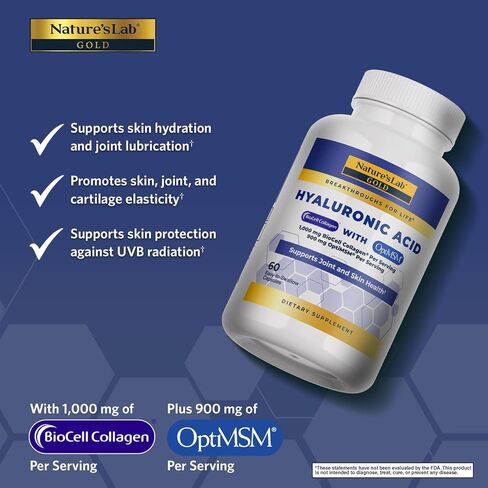 Nature's Lab Hyaluronic Acid with Biocell Collagen and MSM - Skin Hydration, Joint Health - 120 Capsules (40 Day Supply) in Kuwait