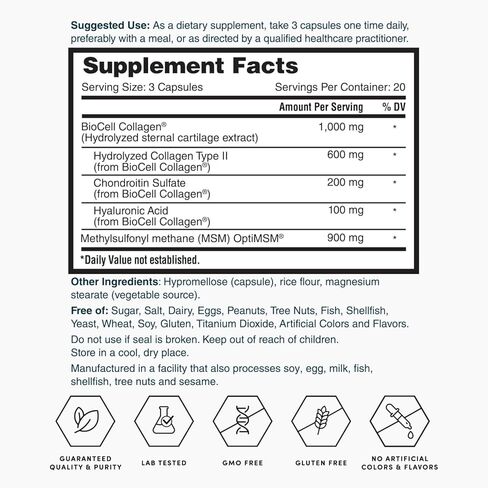 Nature's Lab Hyaluronic Acid with Biocell Collagen and MSM - Skin Hydration, Joint Health - 120 Capsules (40 Day Supply) in Kuwait