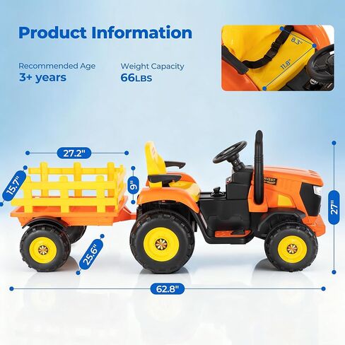 جرار ركوب 24 فولت XL مع مقطورة قابلة للإمالة والفصل، محركات 2 × 80 وات، مقابض قابلة للتعديل، إطارات EVA، للأمام والخلف، حزام أمان، جهاز تحكم عن بعد - إصدار Farm Harvest in Kuwait