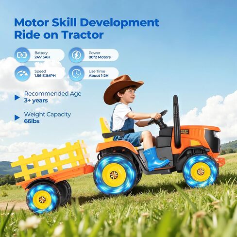 جرار ركوب 24 فولت XL مع مقطورة قابلة للإمالة والفصل، محركات 2 × 80 وات، مقابض قابلة للتعديل، إطارات EVA، للأمام والخلف، حزام أمان، جهاز تحكم عن بعد - إصدار Farm Harvest in Kuwait