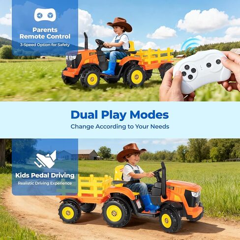 جرار ركوب 24 فولت XL مع مقطورة قابلة للإمالة والفصل، محركات 2 × 80 وات، مقابض قابلة للتعديل، إطارات EVA، للأمام والخلف، حزام أمان، جهاز تحكم عن بعد - إصدار Farm Harvest in Kuwait