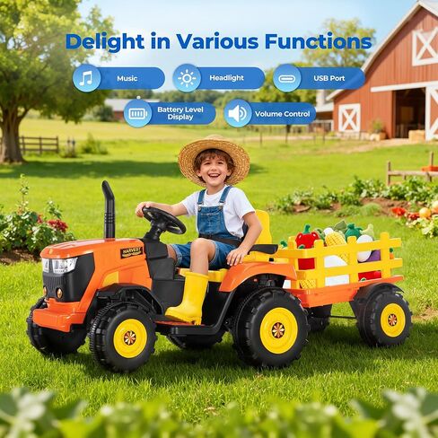 جرار ركوب 24 فولت XL مع مقطورة قابلة للإمالة والفصل، محركات 2 × 80 وات، مقابض قابلة للتعديل، إطارات EVA، للأمام والخلف، حزام أمان، جهاز تحكم عن بعد - إصدار Farm Harvest in Kuwait