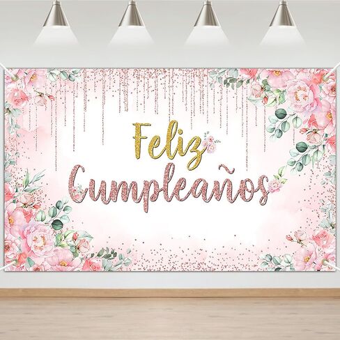 Avezano Feliz Cumpleaños Banner Pink Floral Mexican Happy Birthday Party Decorations Spanish Birthday Photo Background for Women Girl Mexico Birthday Party Decorations Banner (6x3.6ft) in Saudi Arabia