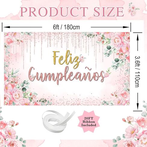 Avezano Feliz Cumpleaños Banner Pink Floral Mexican Happy Birthday Party Decorations Spanish Birthday Photo Background for Women Girl Mexico Birthday Party Decorations Banner (6x3.6ft) in Saudi Arabia