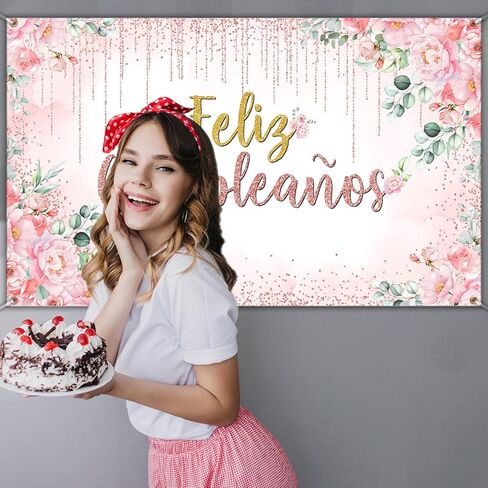 Avezano Feliz Cumpleaños Banner Pink Floral Mexican Happy Birthday Party Decorations Spanish Birthday Photo Background for Women Girl Mexico Birthday Party Decorations Banner (6x3.6ft) in Saudi Arabia