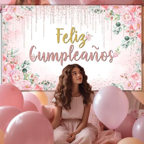 Avezano Feliz Cumpleaños Banner Pink Floral Mexican Happy Birthday Party Decorations Spanish Birthday Photo Background for Women Girl Mexico Birthday Party Decorations Banner (6x3.6ft) in Saudi Arabia