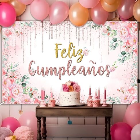 Avezano Feliz Cumpleaños Banner Pink Floral Mexican Happy Birthday Party Decorations Spanish Birthday Photo Background for Women Girl Mexico Birthday Party Decorations Banner (6x3.6ft) in Saudi Arabia
