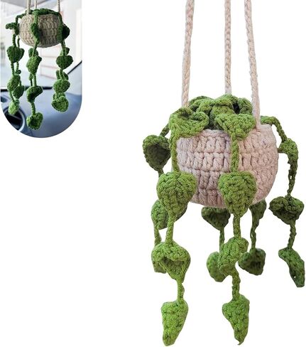 Crochet Plant Car Hanging Accessories, Cute Handmade Crochet Plant Rear View Mirror Charm, Cars Mirror Hanging Accessories for Woman Girl, Car Interior Accessories in Saudi Arabia