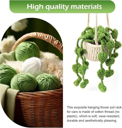 Crochet Plant Car Hanging Accessories, Cute Handmade Crochet Plant Rear View Mirror Charm, Cars Mirror Hanging Accessories for Woman Girl, Car Interior Accessories in Saudi Arabia