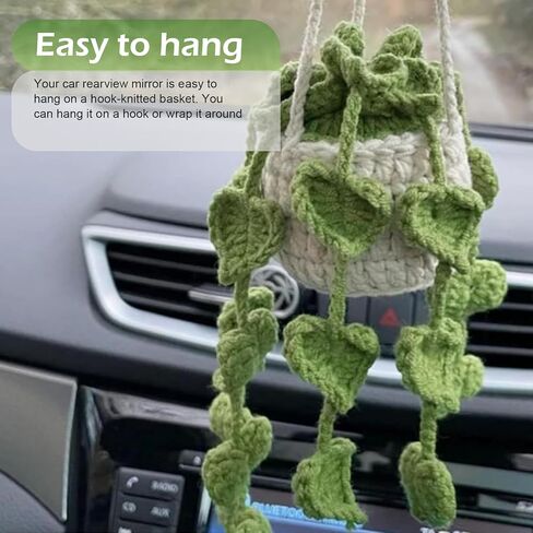 Crochet Plant Car Hanging Accessories, Cute Handmade Crochet Plant Rear View Mirror Charm, Cars Mirror Hanging Accessories for Woman Girl, Car Interior Accessories in Saudi Arabia