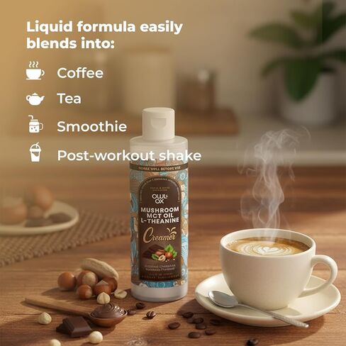 Mushroom Coffee Creamer with MCT Oil by Owl & Ox | L Theanine, Nootropic Superfood Blend, Vegan, Sugar Free, Dairy Free, Adaptogens, Plant Based & Keto Friendly, Hazelnut Chocolate, 30 Servings in Kuwait