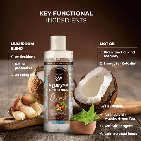 Mushroom Coffee Creamer with MCT Oil by Owl & Ox | L Theanine, Nootropic Superfood Blend, Vegan, Sugar Free, Dairy Free, Adaptogens, Plant Based & Keto Friendly, Hazelnut Chocolate, 30 Servings in Kuwait