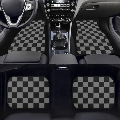 Checkered Car Mats Set of 4 Abstract Checkered Flag Vintage Black Grey Checkers Chess Board Grid Style Floor Mats for Cars Universal Front Rear Vehicle Rugs Auto Accessories for Truck Sedan in Saudi Arabia