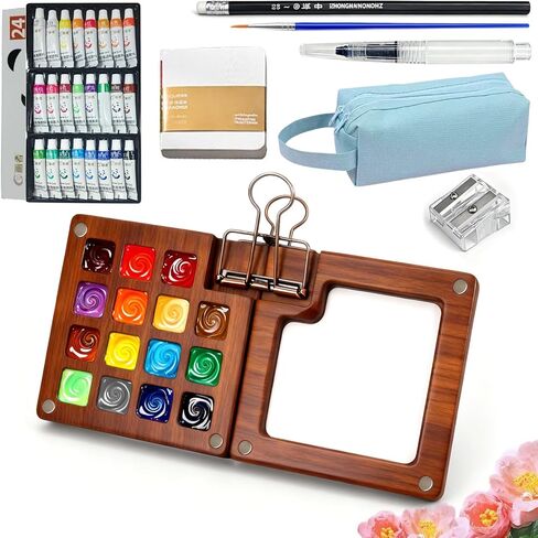 Mini Watercolor Travel Set for Beginners 24 Color Portable Watercolor Paint Set with Walnut Wood Palette Water Brush & Sketchbook Compact Travel Art Supplies for Artists beginner & Painters in Saudi Arabia