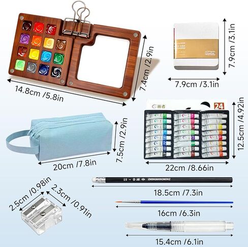 Mini Watercolor Travel Set for Beginners 24 Color Portable Watercolor Paint Set with Walnut Wood Palette Water Brush & Sketchbook Compact Travel Art Supplies for Artists beginner & Painters in Saudi Arabia
