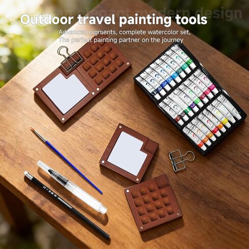 Mini Watercolor Travel Set for Beginners 24 Color Portable Watercolor Paint Set with Walnut Wood Palette Water Brush & Sketchbook Compact Travel Art Supplies for Artists beginner & Painters in Saudi Arabia