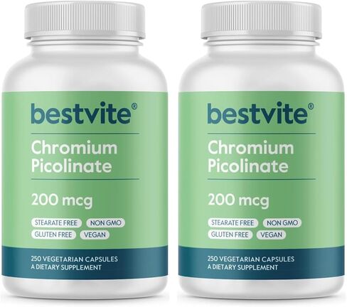 BESTVITE Chromium Picolinate 200mcg (250 Vegetarian Capsules) - No Stearates - No Flow Agents - Vegan - Gluten Free - Non GMO in Kuwait