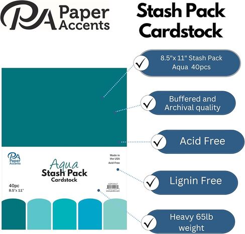 PA Paper Accents Stash Pack Cardstock Pack 8.5 بوصة × 11 بوصة أكوا، ورق بطاقات ملون لصنع البطاقات، سجل القصاصات، الطباعة، اللف والحرف اليدوية، 65 رطل، 40 قطعة in Saudi Arabia