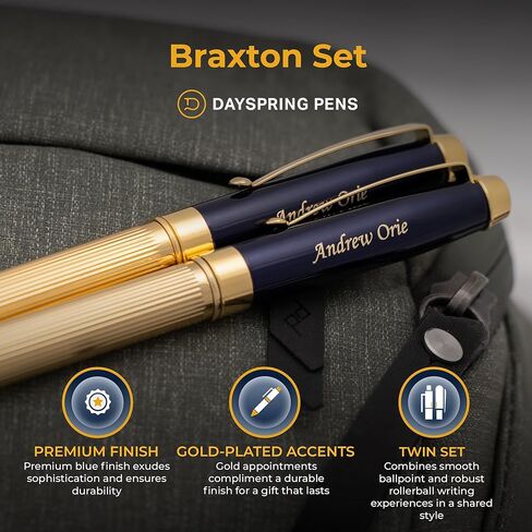 مجموعة أقلام حبر جاف براكستون وقلم رولربال من Dayspring Pens - أزرق. مجموعة أقلام مزدوجة مطلية بالذهب عيار 18 قيراطًا. وشملت النقش المخصص. in Kuwait
