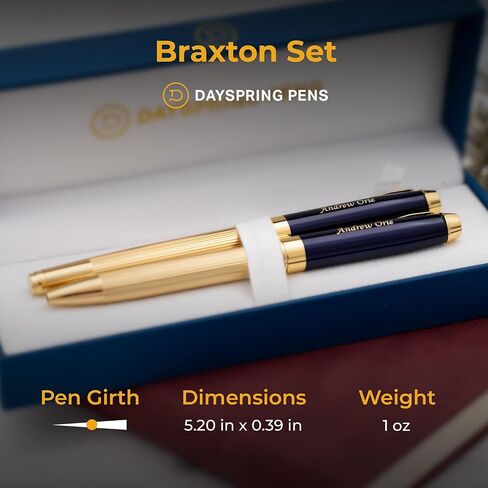 مجموعة أقلام حبر جاف براكستون وقلم رولربال من Dayspring Pens - أزرق. مجموعة أقلام مزدوجة مطلية بالذهب عيار 18 قيراطًا. وشملت النقش المخصص. in Kuwait