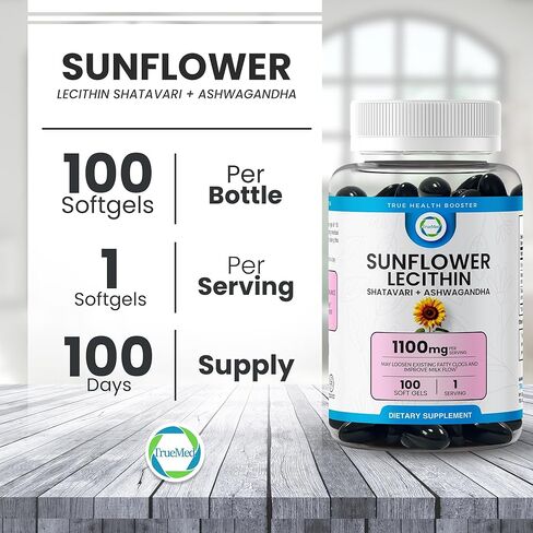 كبسولات هلامية ليسيثين عباد الشمس من TRUEMED - دعم طبيعي للرضاعة وتخفيف آلام القناة للأمهات المرضعات - 1200 مجم، 100 كبسولة هلامية - فك الانسدادات، وتعزيز تدفق الحليب، غني بالأحماض الدهنية والكولين. in Kuwait