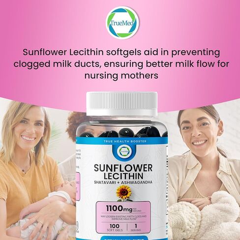 كبسولات هلامية ليسيثين عباد الشمس من TRUEMED - دعم طبيعي للرضاعة وتخفيف آلام القناة للأمهات المرضعات - 1200 مجم، 100 كبسولة هلامية - فك الانسدادات، وتعزيز تدفق الحليب، غني بالأحماض الدهنية والكولين. in Kuwait