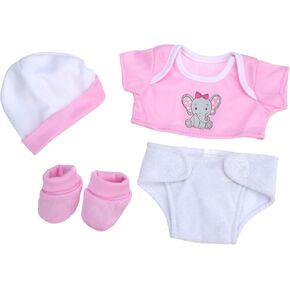 JC Toys Baby Girl 4-Piece Layette Set with Elephant Design, Pink and White, Includes T-Shirt, Cap, Booties and Diaper Made for Dolls 12"-14" Long in Saudi Arabia