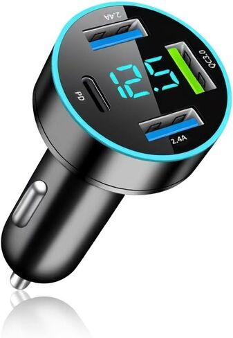 شاحن سيارة سريع 4 في 1، شاحن سيارة PD/QC3.0/Type C شحن سريع، شاحن هاتف سيارة عالمي ولاعة سجائر USB مع LED أزرق وفولتميتر لشاحنة السيارة SUV (QC3.0+Type-C+PD+ 2.4 أ) in Kuwait