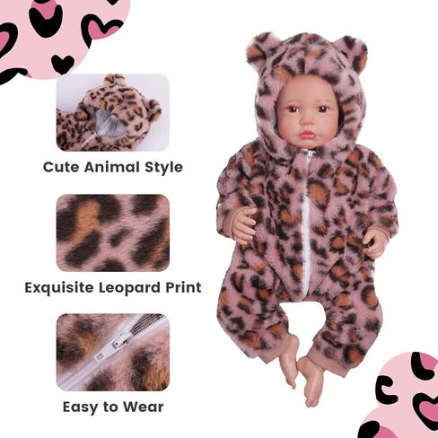 BABESIDE Reborn Baby Doll Clothes Set for 17-22 Inch Dolls, Cozy Babydolls Clothes Onesie with Hat for Lifelike Reborn Baby Doll Accessories, Leopard Print in Saudi Arabia