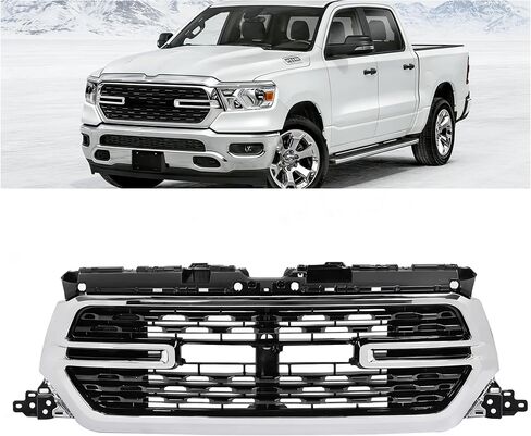 Front Grill Compatible with 2019-2024 Dodge Ram 1500 Laramie/Big Horn/Tradesman Replacement for 68582266AA 68366528AH Front Bumper Grille Painted Black+Chrome Silvery Plastic(ABS) in Saudi Arabia