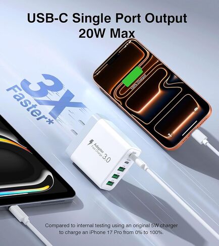 كتلة شاحن USB C، [عبوة من قطعتين] شاحن USB C بقدرة 50 وات و5 منافذ شحن سريع مكعب من الطوب، محول طاقة USB C 3 USB-C 2 USB A شاحن قابس حائط لهاتف iPhone 15 14 13 12 Pro Max SE XS XR وiPad in Kuwait