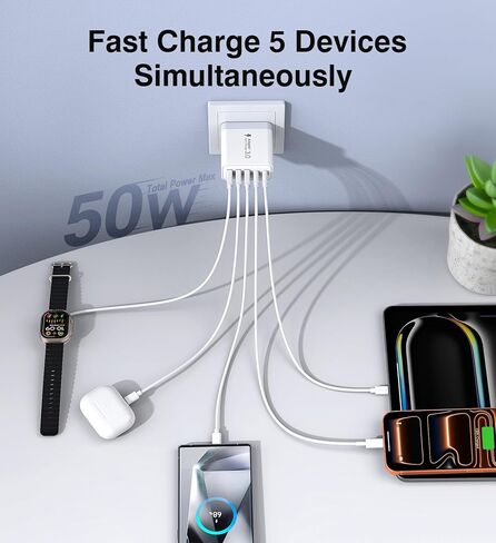 كتلة شاحن USB C، [عبوة من قطعتين] شاحن USB C بقدرة 50 وات و5 منافذ شحن سريع مكعب من الطوب، محول طاقة USB C 3 USB-C 2 USB A شاحن قابس حائط لهاتف iPhone 15 14 13 12 Pro Max SE XS XR وiPad in Kuwait