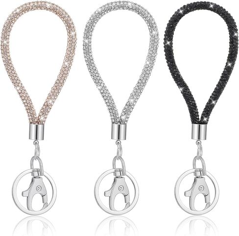 3 Pcs Bling Rhinestone Keychain Wristlet, 14cm/5.5in Crystal Phone Wristlet Lanyard Strap with Metal Clasp Badge Holder for Women, Wallet Credit ID Card Holder 3 Colors in Saudi Arabia