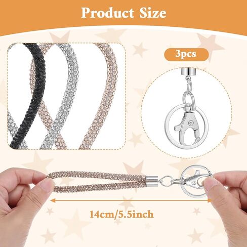 3 Pcs Bling Rhinestone Keychain Wristlet, 14cm/5.5in Crystal Phone Wristlet Lanyard Strap with Metal Clasp Badge Holder for Women, Wallet Credit ID Card Holder 3 Colors in Saudi Arabia