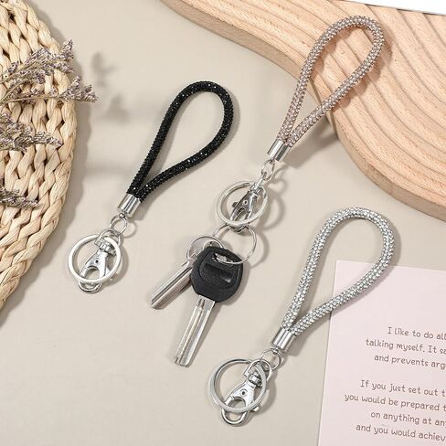 3 Pcs Bling Rhinestone Keychain Wristlet, 14cm/5.5in Crystal Phone Wristlet Lanyard Strap with Metal Clasp Badge Holder for Women, Wallet Credit ID Card Holder 3 Colors in Saudi Arabia